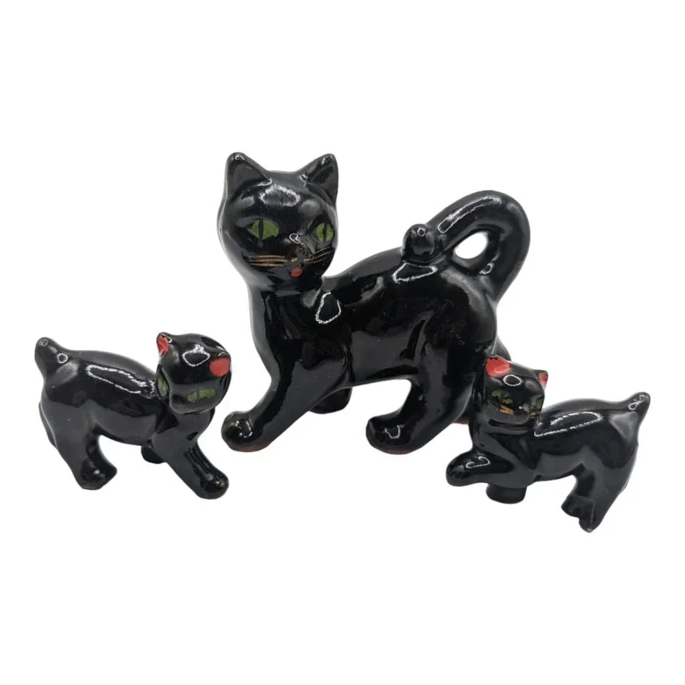 Vintage Ceramic Black Cats Mama with Two Kittens Kitschy Figurines MCM Redware - Picture 13 of 13